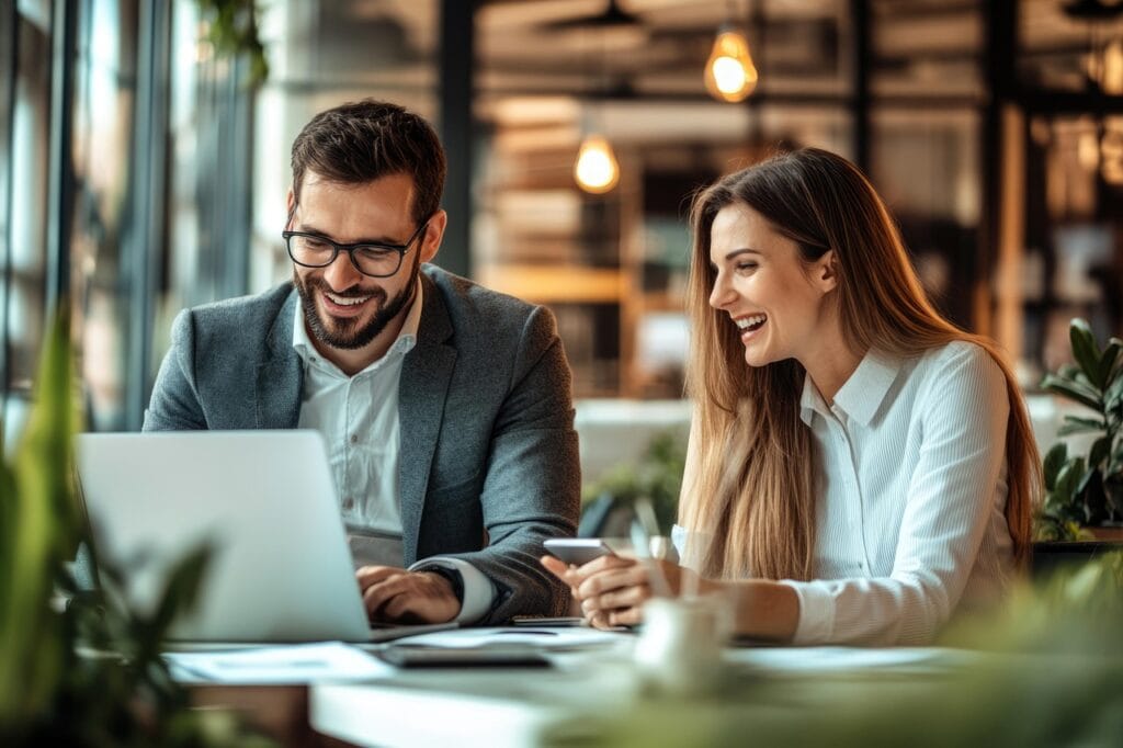 Casal branco observa computador sorrindo representando diferentes tipos de liderança. 