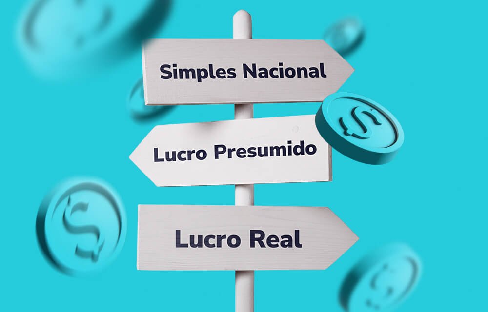 Placa indicativa mostrando os regimes tributários Simples Nacional, Lucro Presumido e Lucro Real, representando a escolha do enquadramento fiscal para empresas.